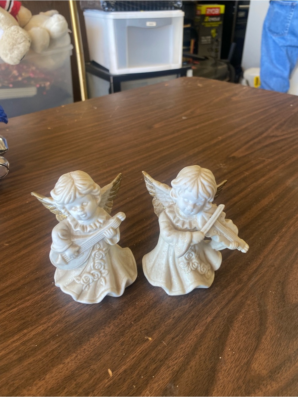 White Ceramic Angel Figurines — Set of 2 Holiday Musicians